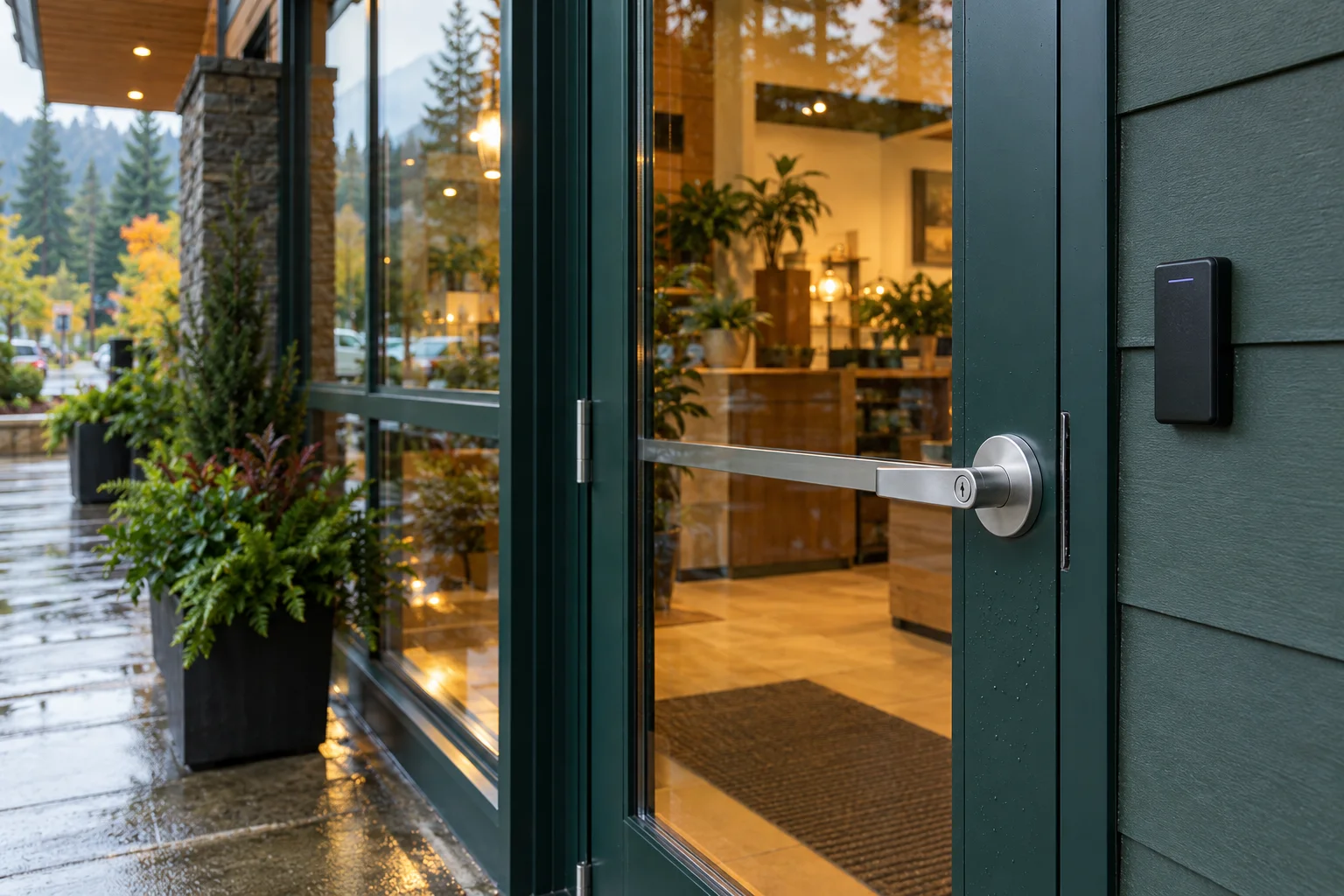 Generated illustration of a commercial door with a lever and access reader