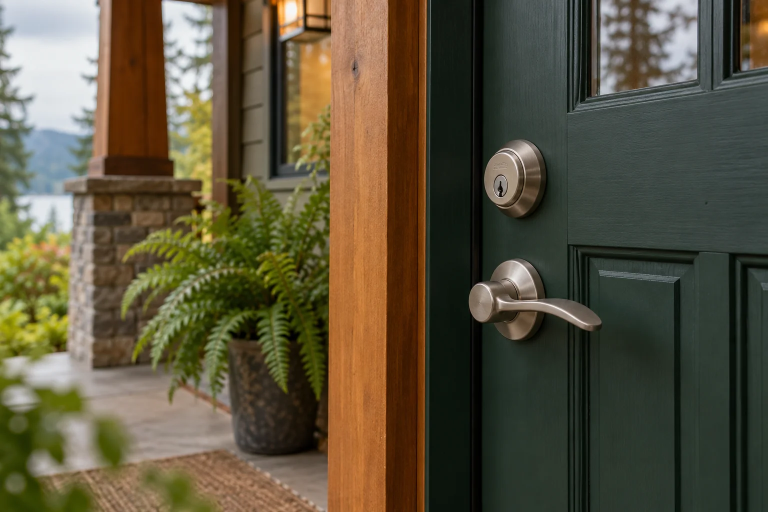 Generated illustration of a home deadbolt and lever on a green entry door