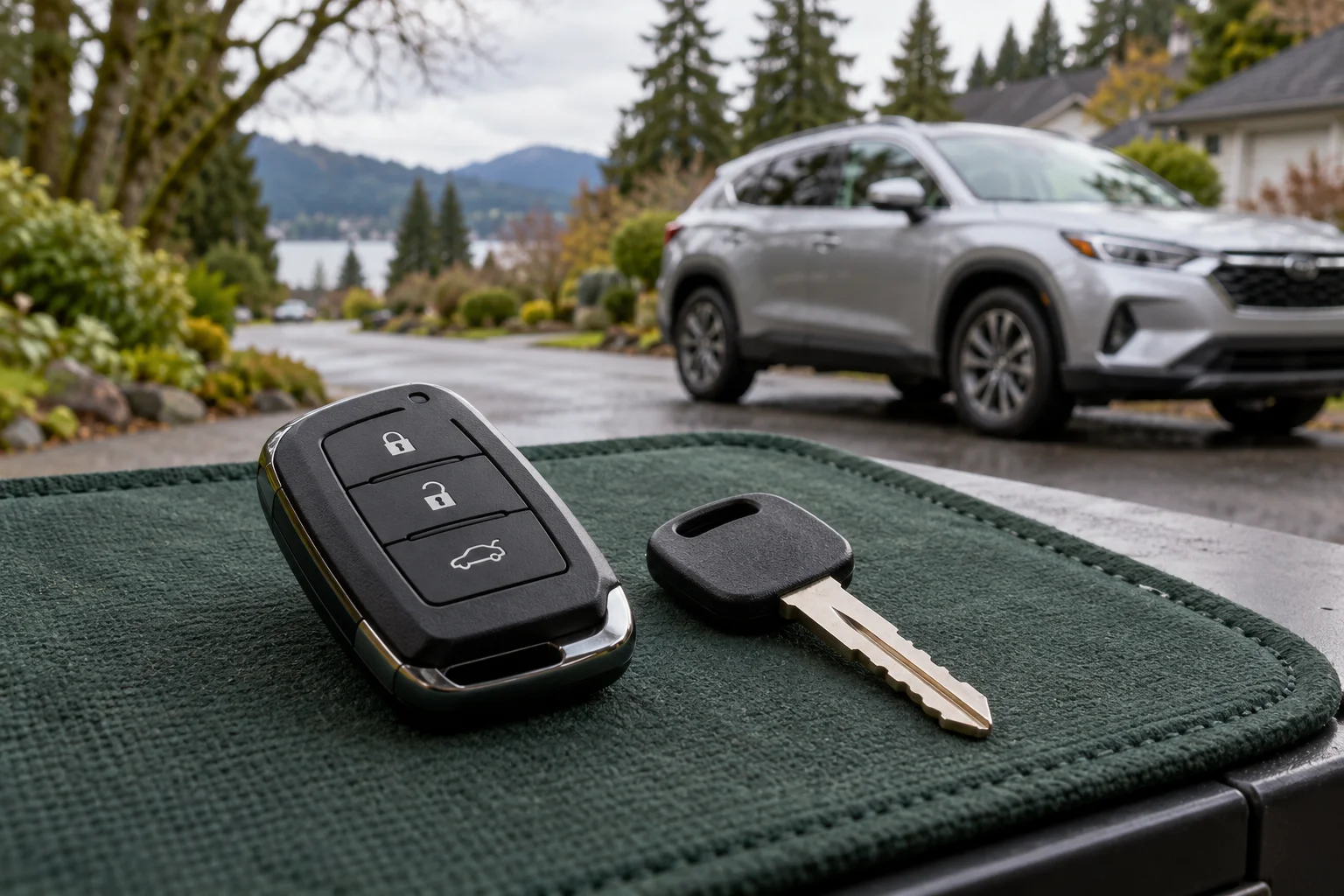 Generated illustration of a proximity fob and vehicle key beside a parked car