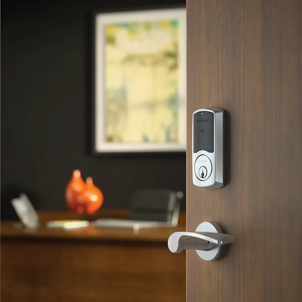 Schlage LE wireless mortise lock on a commercial office door