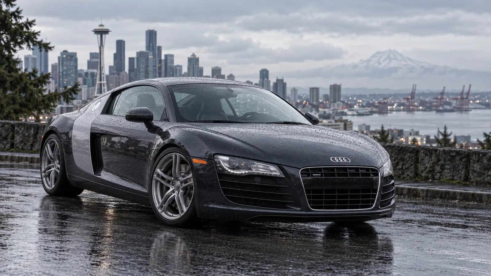 2008 through 2010 Audi R8 parked in a Pacific Northwest setting