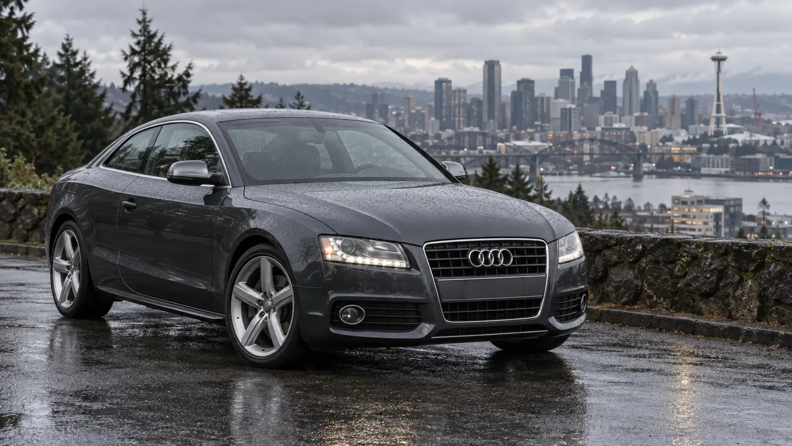 2008 through 2010 Audi A5 parked in a Pacific Northwest setting
