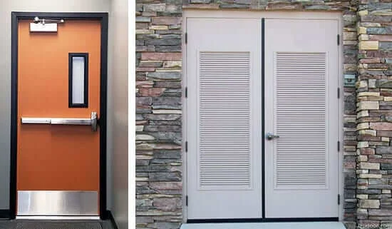 Commercial hollow metal doors with vision panels and locking hardware