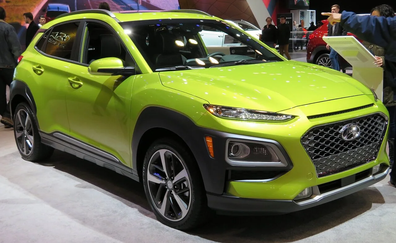 2018–2021 Hyundai Kona — representative vehicle generation; 2018 US 1.6 T-GDI auto-show example