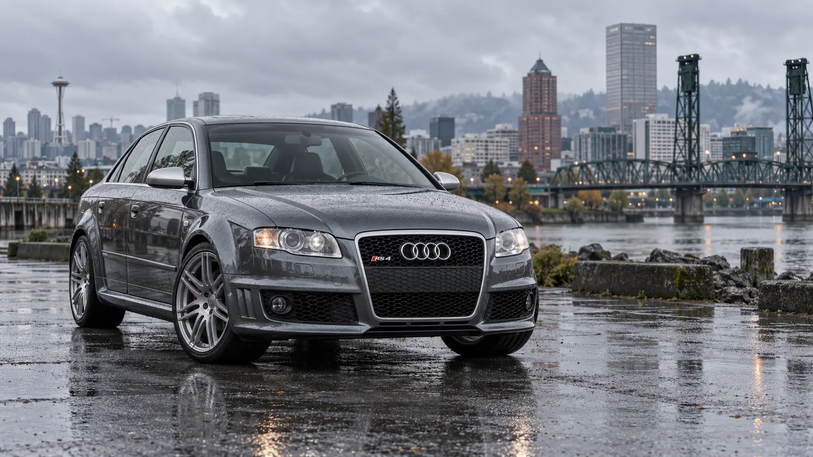 2007 through 2009 Audi RS4 parked in a Pacific Northwest setting